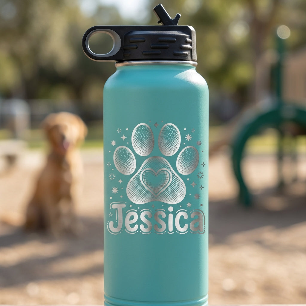 Personalized Dog Lover Gift Water Bottle - Custom Paw Print Heart Engraved - Durable 32oz Insulated Pet Owner - Dog Mom Gift - View 6