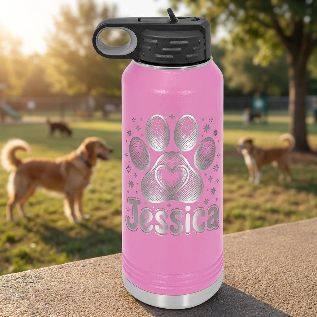 Personalized Dog Lover Gift Water Bottle - Custom Paw Print Heart Engraved - Durable 32oz Insulated Pet Owner - Dog Mom Gift - View 7