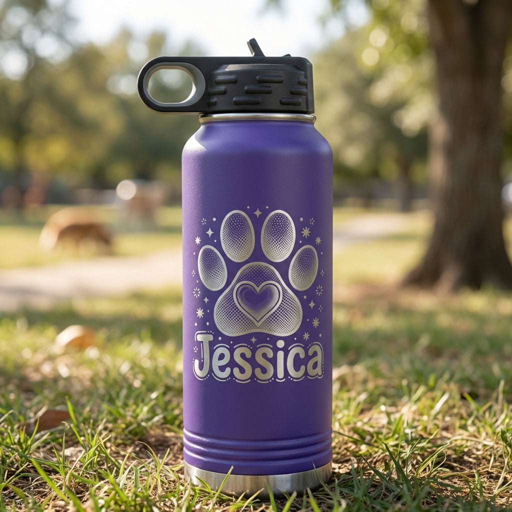 Personalized Dog Lover Gift Water Bottle - Custom Paw Print Heart Engraved - Durable 32oz Insulated Pet Owner - Dog Mom Gift - View 8