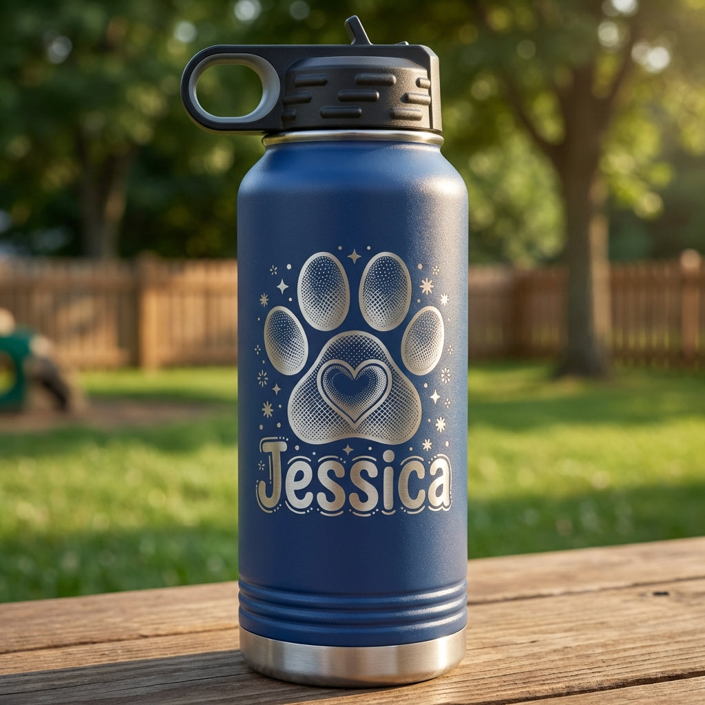 Personalized Dog Lover Gift Water Bottle - Custom Paw Print Heart Engraved - Durable 32oz Insulated Pet Owner - Dog Mom Gift - View 9