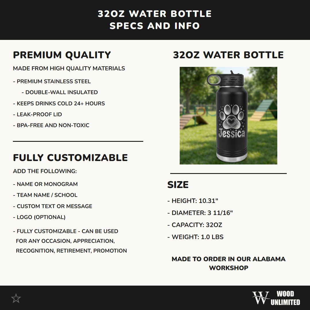 Personalized Dog Lover Gift Water Bottle - Custom Paw Print Heart Engraved - Durable 32oz Insulated Pet Owner - Dog Mom Gift