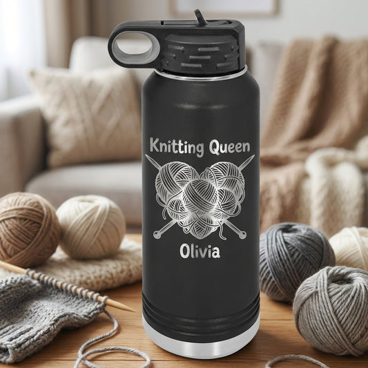 Personalized Knitting Queen Gift Water Bottle - Crafter Birthday Present - Laser Engraved 32oz Bottle - Custom Knitter Gift - View 1
