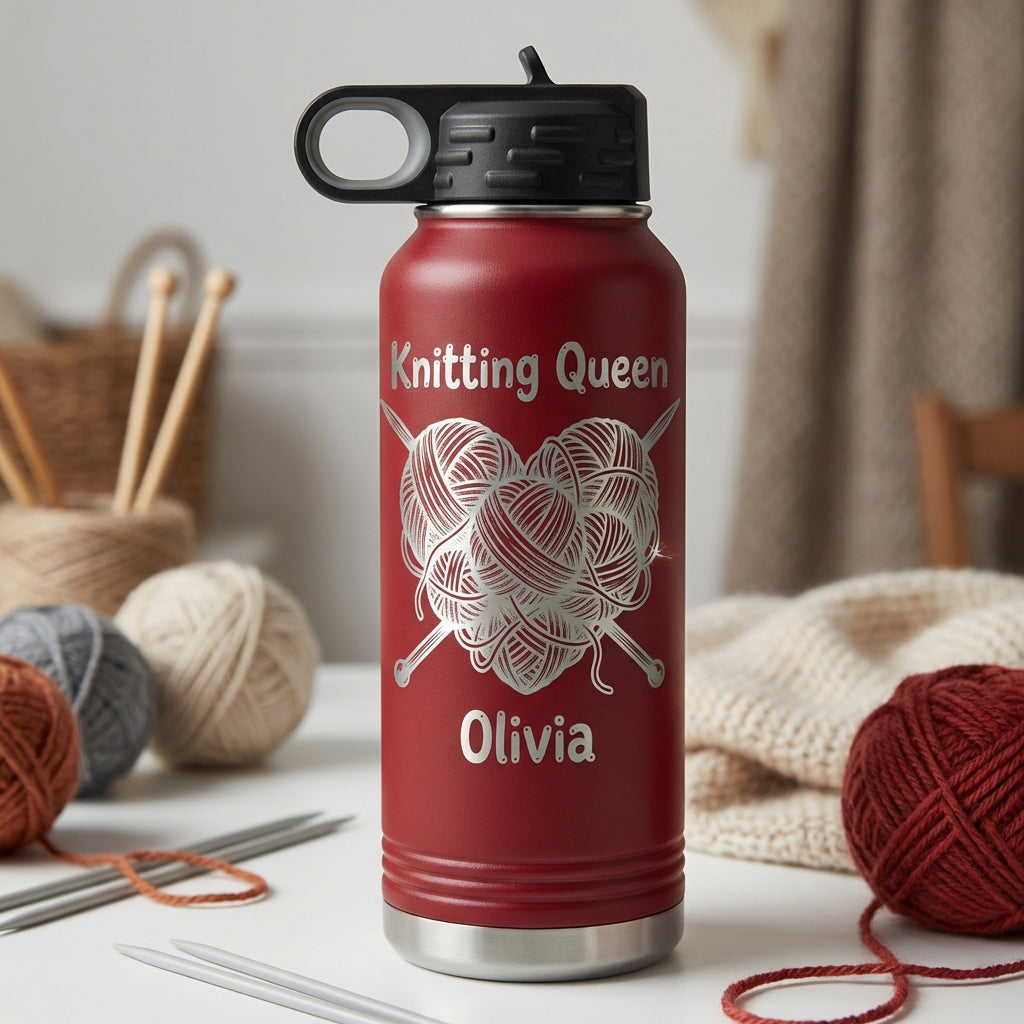Personalized Knitting Queen Gift Water Bottle - Crafter Birthday Present - Laser Engraved 32oz Bottle - Custom Knitter Gift - View 10