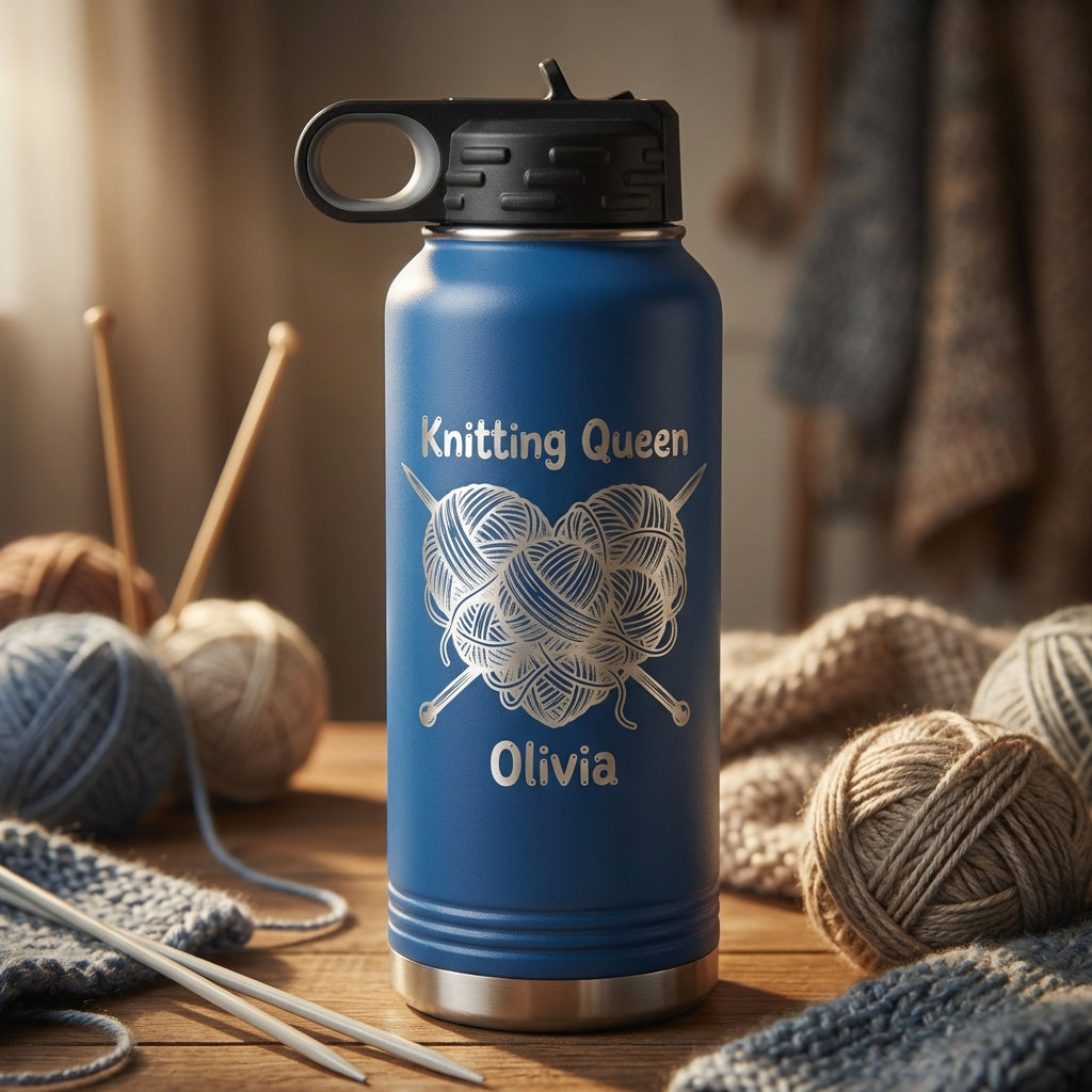 Personalized Knitting Queen Gift Water Bottle - Crafter Birthday Present - Laser Engraved 32oz Bottle - Custom Knitter Gift - View 4