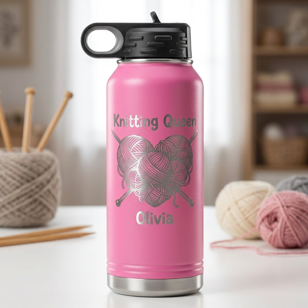Personalized Knitting Queen Gift Water Bottle - Crafter Birthday Present - Laser Engraved 32oz Bottle - Custom Knitter Gift - View 5