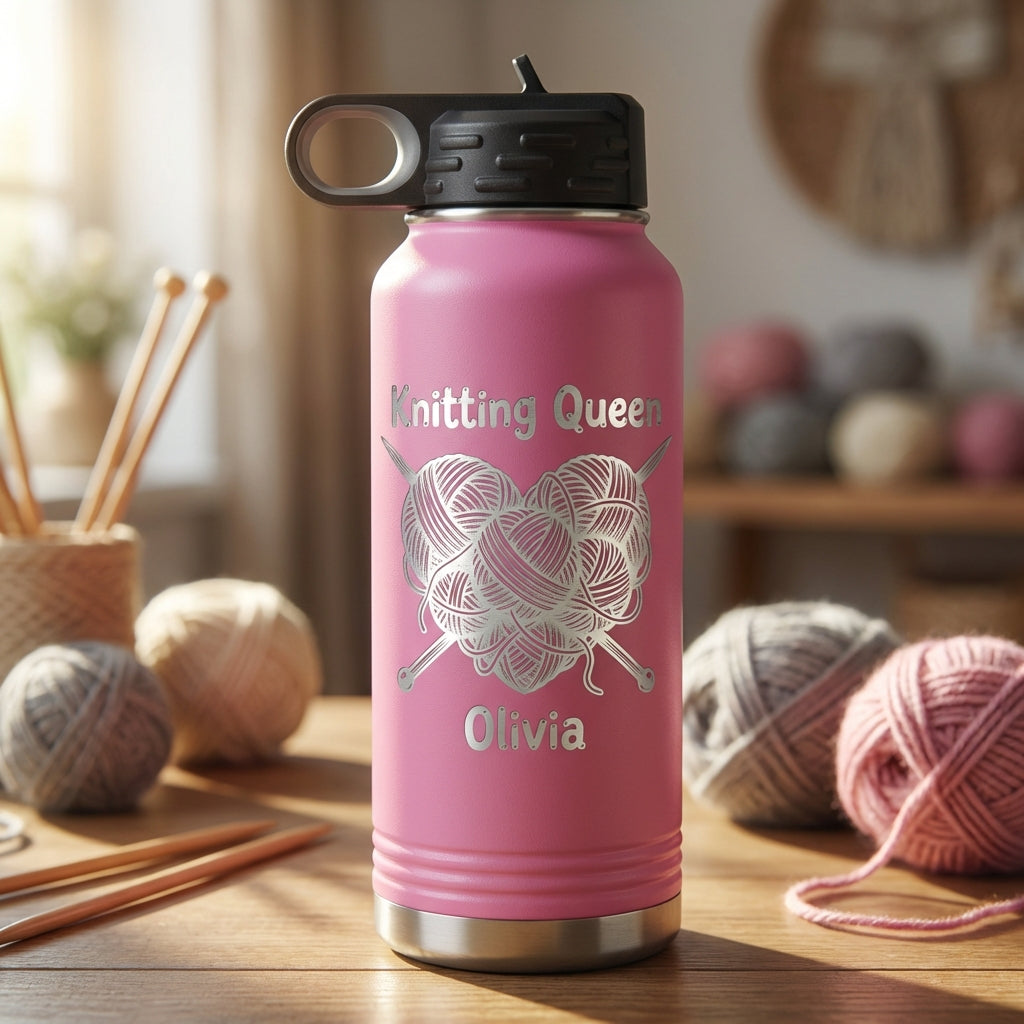 Personalized Knitting Queen Gift Water Bottle - Crafter Birthday Present - Laser Engraved 32oz Bottle - Custom Knitter Gift - View 7