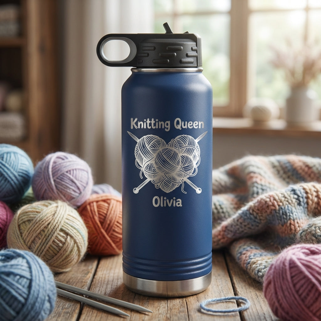 Personalized Knitting Queen Gift Water Bottle - Crafter Birthday Present - Laser Engraved 32oz Bottle - Custom Knitter Gift - View 8