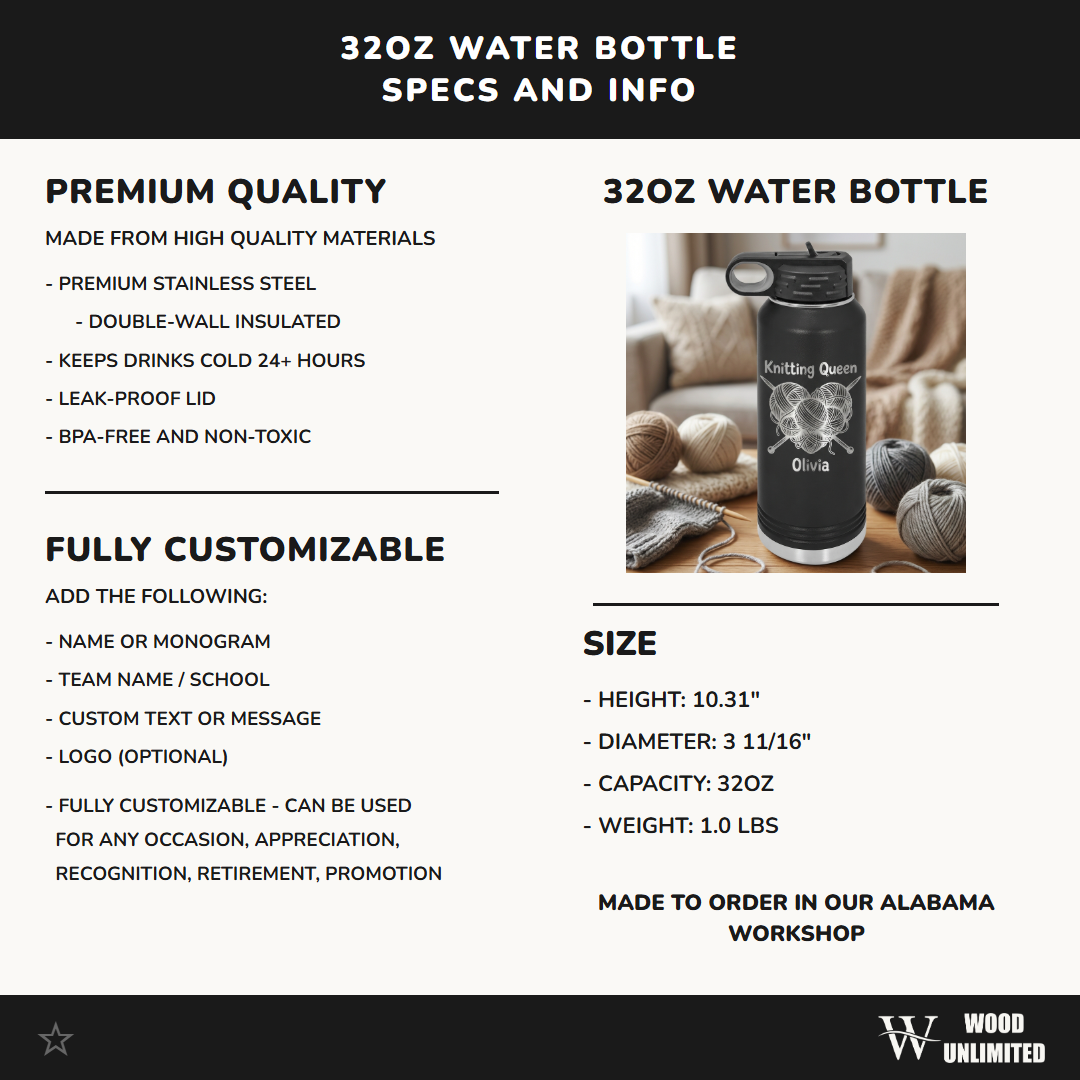 Personalized Knitting Queen Gift Water Bottle - Crafter Birthday Present - Laser Engraved 32oz Bottle - Custom Knitter Gift