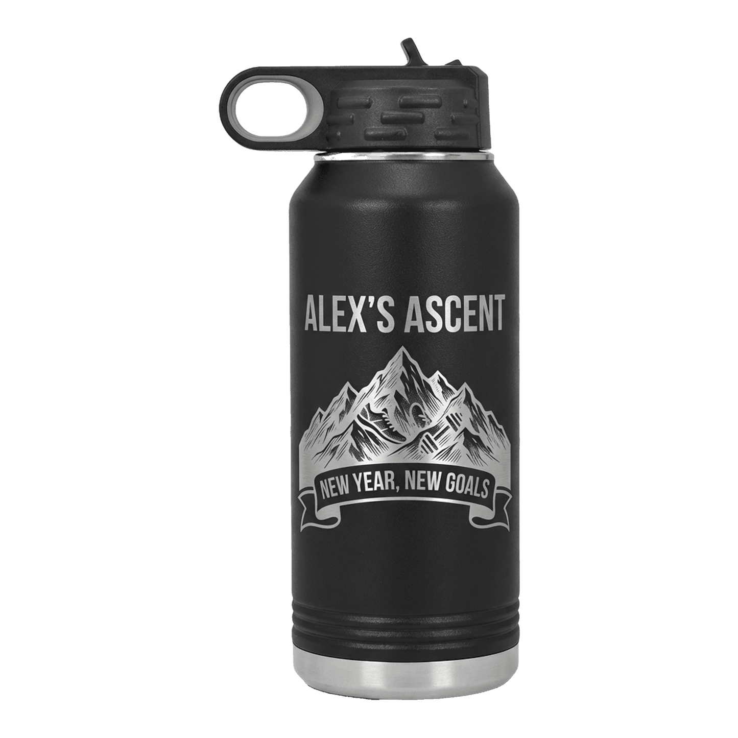 Personalized Fitness Water Bottle | New Year Goals Gift for Achievers | Laser Engraved Mountain Design | Custom Name
