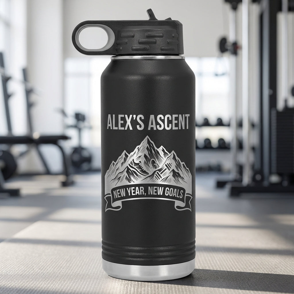 Personalized Fitness Water Bottle | New Year Goals Gift for Achievers | Laser Engraved Mountain Design | Custom Name - View 1