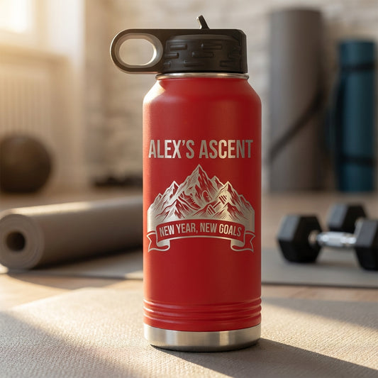 Personalized Fitness Water Bottle | New Year Goals Gift for Achievers | Laser Engraved Mountain Design | Custom Name - View 2