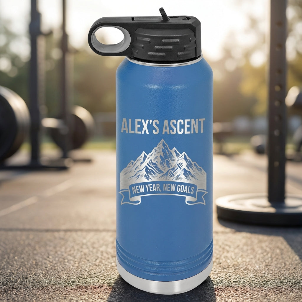 Personalized Fitness Water Bottle | New Year Goals Gift for Achievers | Laser Engraved Mountain Design | Custom Name - View 3