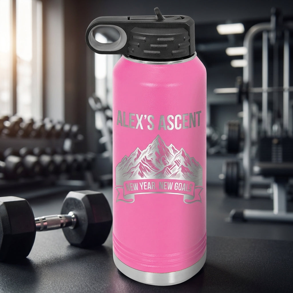 Personalized Fitness Water Bottle | New Year Goals Gift for Achievers | Laser Engraved Mountain Design | Custom Name - View 4