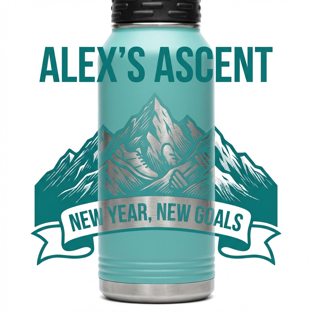 Personalized Fitness Water Bottle | New Year Goals Gift for Achievers | Laser Engraved Mountain Design | Custom Name - View 5
