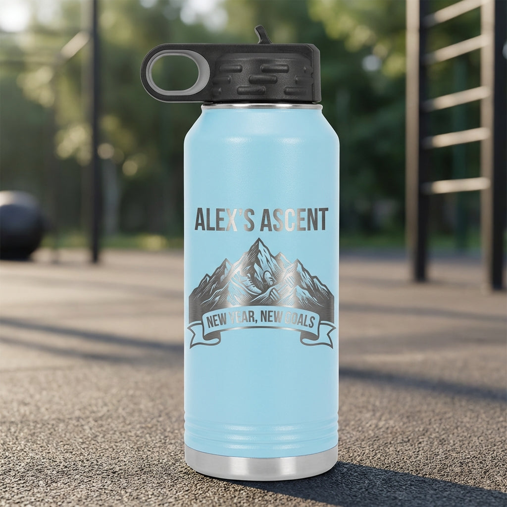 Personalized Fitness Water Bottle | New Year Goals Gift for Achievers | Laser Engraved Mountain Design | Custom Name - View 6