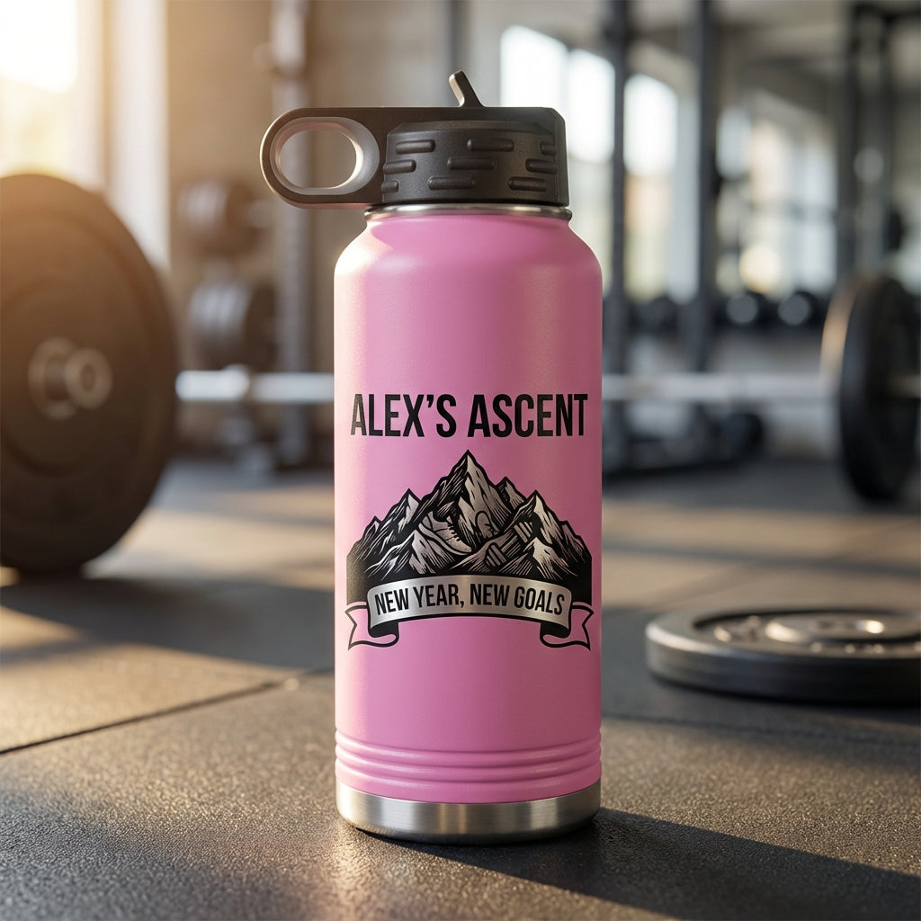 Personalized Fitness Water Bottle | New Year Goals Gift for Achievers | Laser Engraved Mountain Design | Custom Name - View 7