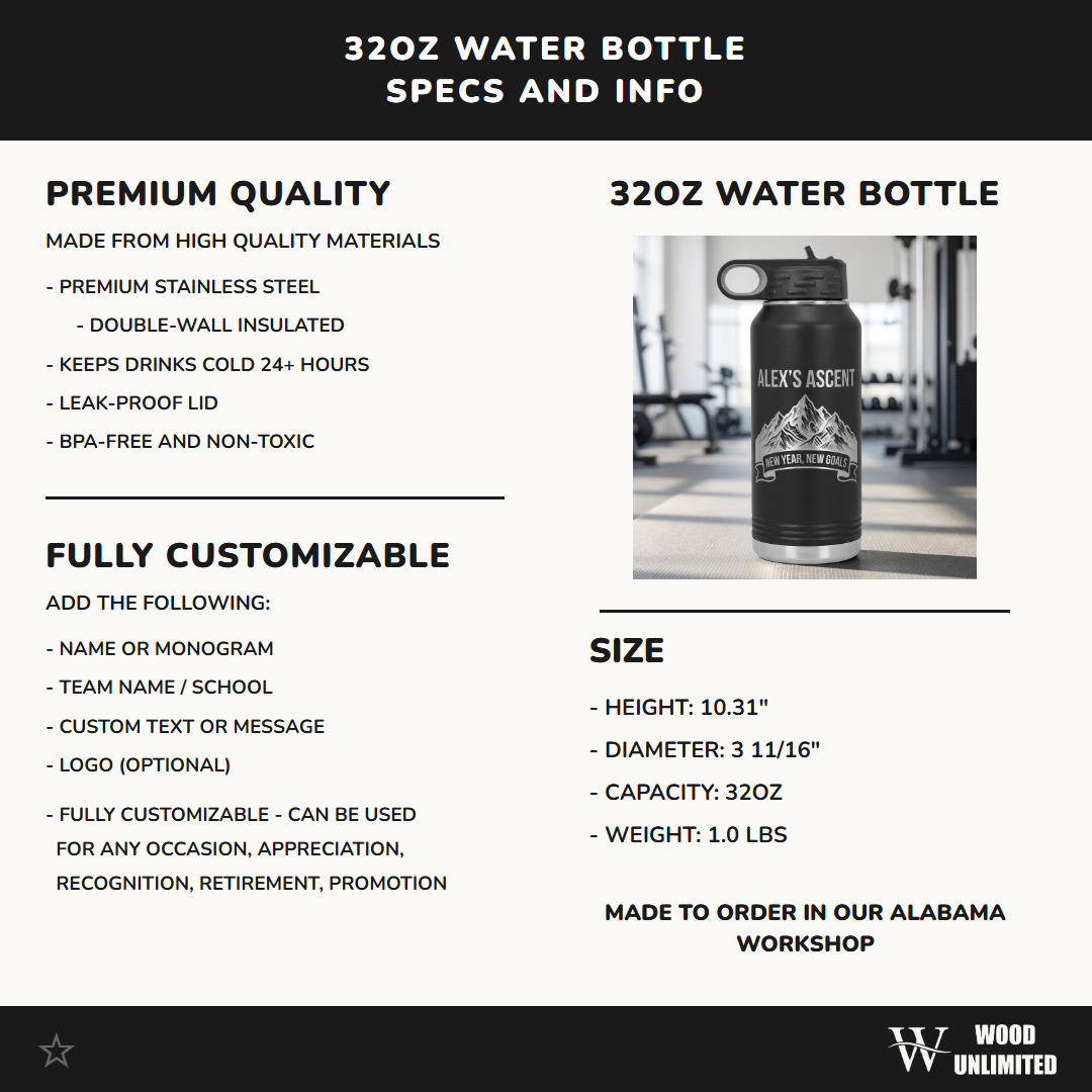 Personalized Fitness Water Bottle | New Year Goals Gift for Achievers | Laser Engraved Mountain Design | Custom Name