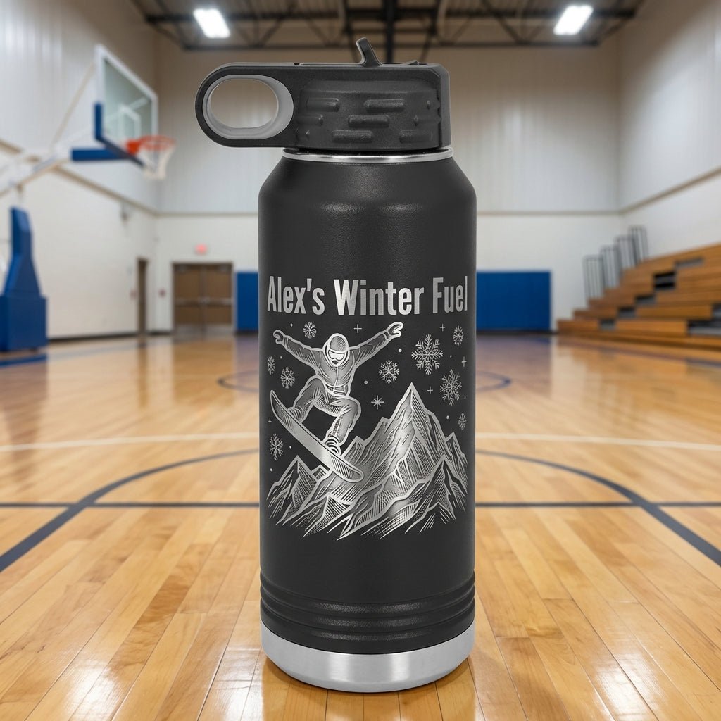 Personalized Snowboarder Water Bottle Gift - Winter Sports Enthusiast - Custom Engraved Name - Durable 32oz Flask - View 1