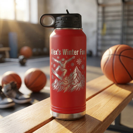 Personalized Snowboarder Water Bottle Gift - Winter Sports Enthusiast - Custom Engraved Name - Durable 32oz Flask - View 2
