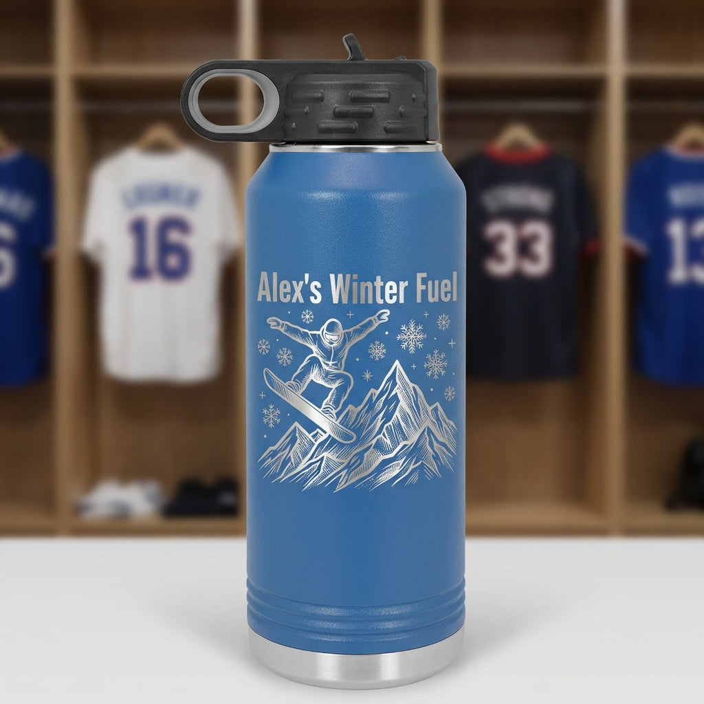 Personalized Snowboarder Water Bottle Gift - Winter Sports Enthusiast - Custom Engraved Name - Durable 32oz Flask - View 3