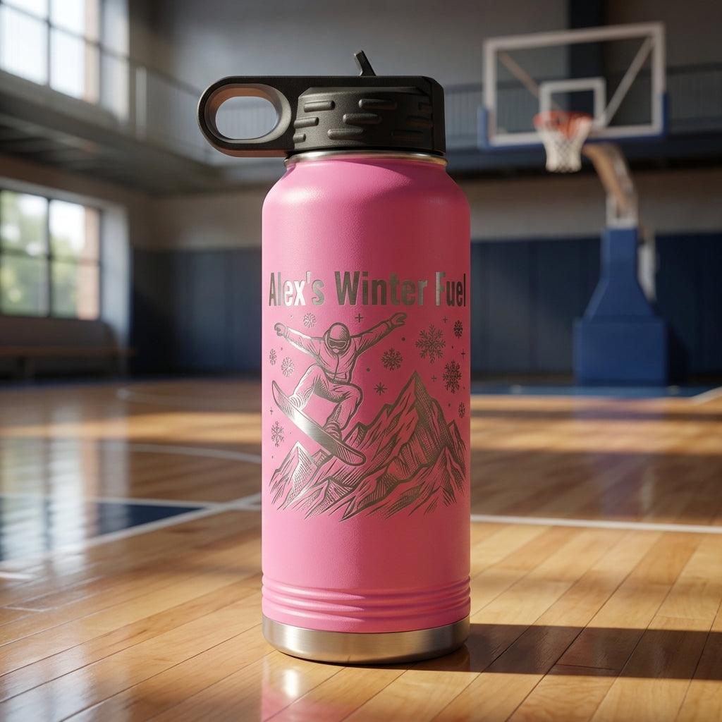 Personalized Snowboarder Water Bottle Gift - Winter Sports Enthusiast - Custom Engraved Name - Durable 32oz Flask - View 4