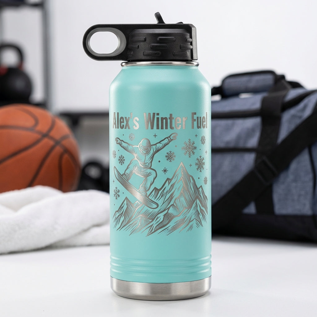 Personalized Snowboarder Water Bottle Gift - Winter Sports Enthusiast - Custom Engraved Name - Durable 32oz Flask - View 5