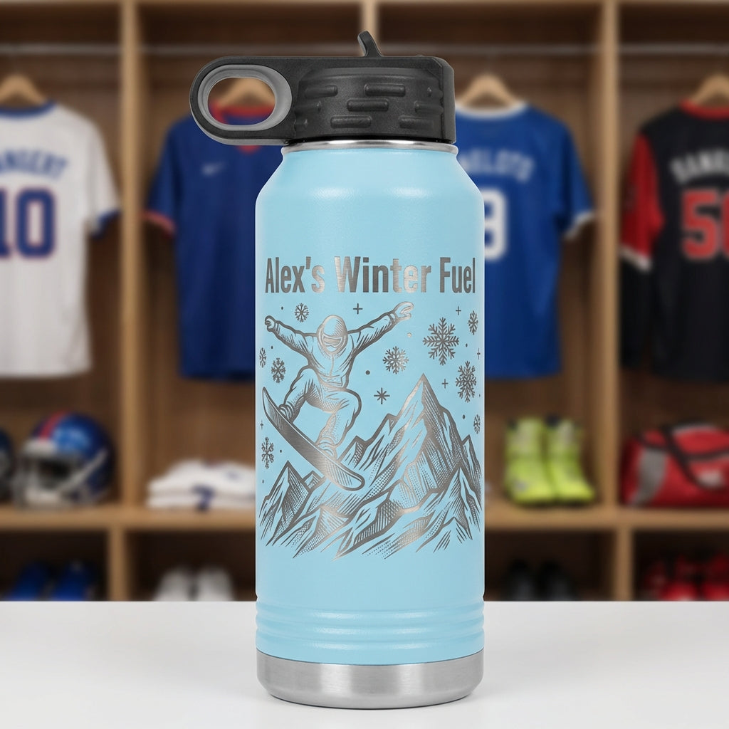 Personalized Snowboarder Water Bottle Gift - Winter Sports Enthusiast - Custom Engraved Name - Durable 32oz Flask - View 6