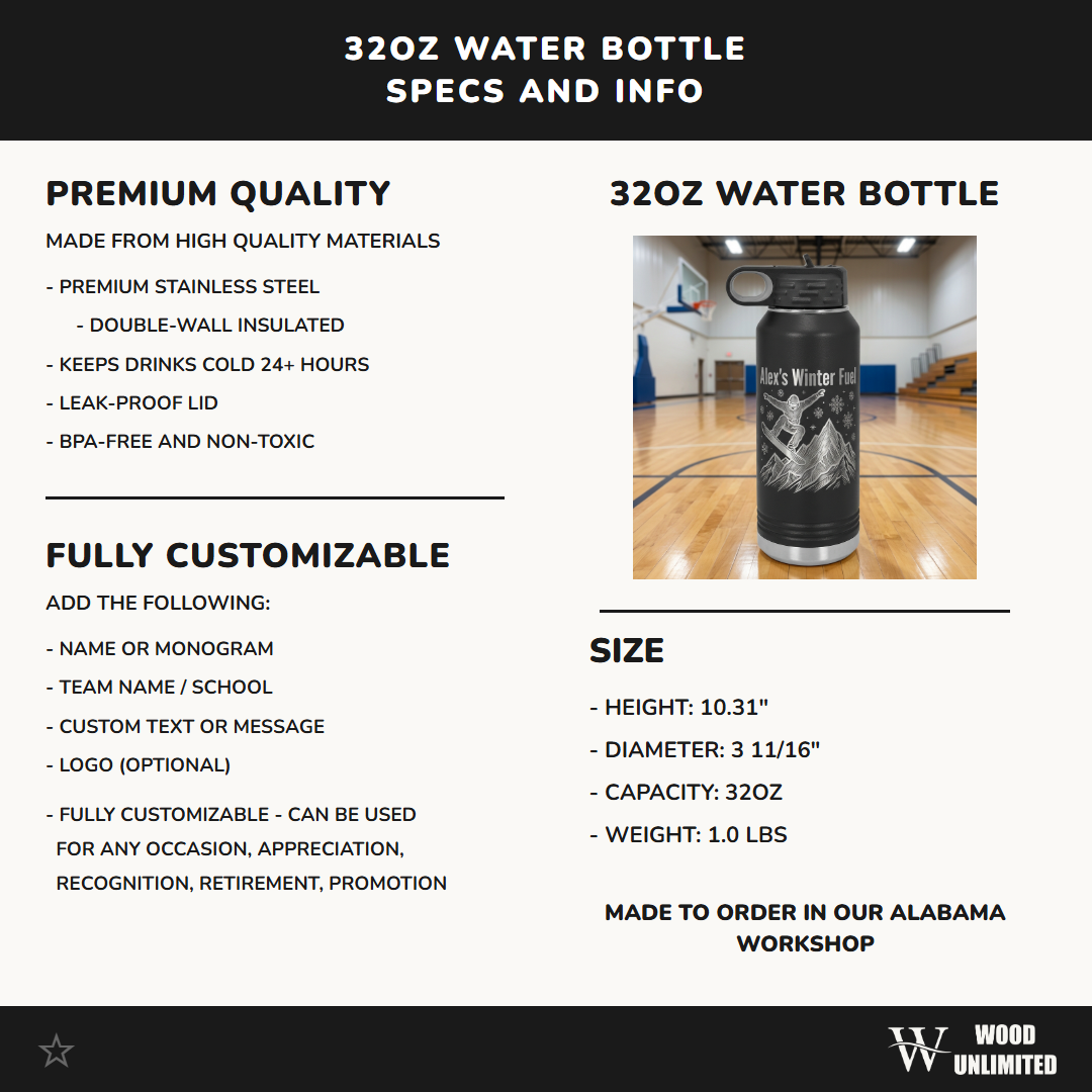 Personalized Snowboarder Water Bottle Gift - Winter Sports Enthusiast - Custom Engraved Name - Durable 32oz Flask