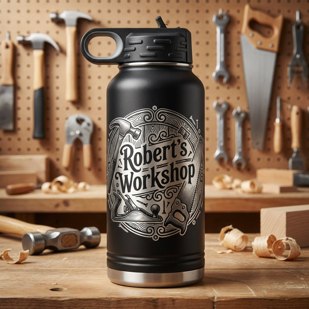 Personalized Woodworking Gift Water Bottle - Craftsman Engraved Tumbler - Handyman Dad Gift - Custom Workshop Name