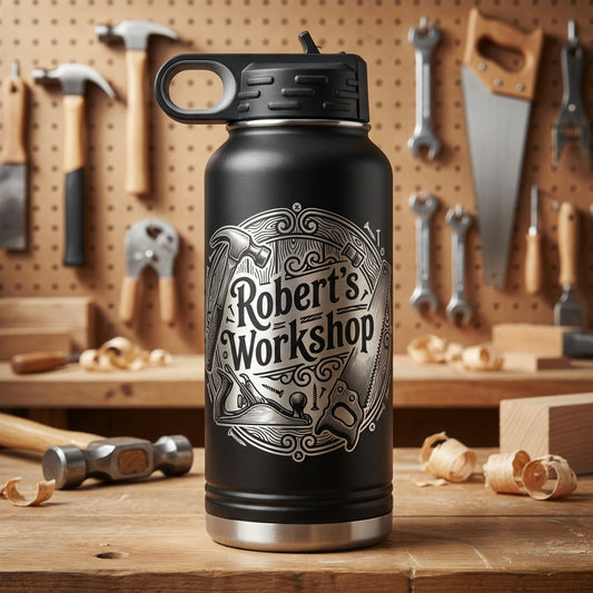 Personalized Woodworking Gift Water Bottle - Craftsman Engraved Tumbler - Handyman Dad Gift - Custom Workshop Name