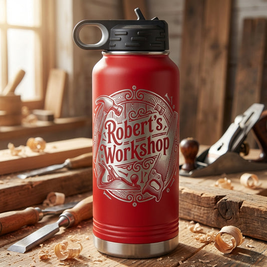 Personalized Woodworking Gift Water Bottle - Craftsman Engraved Tumbler - Handyman Dad Gift - Custom Workshop Name