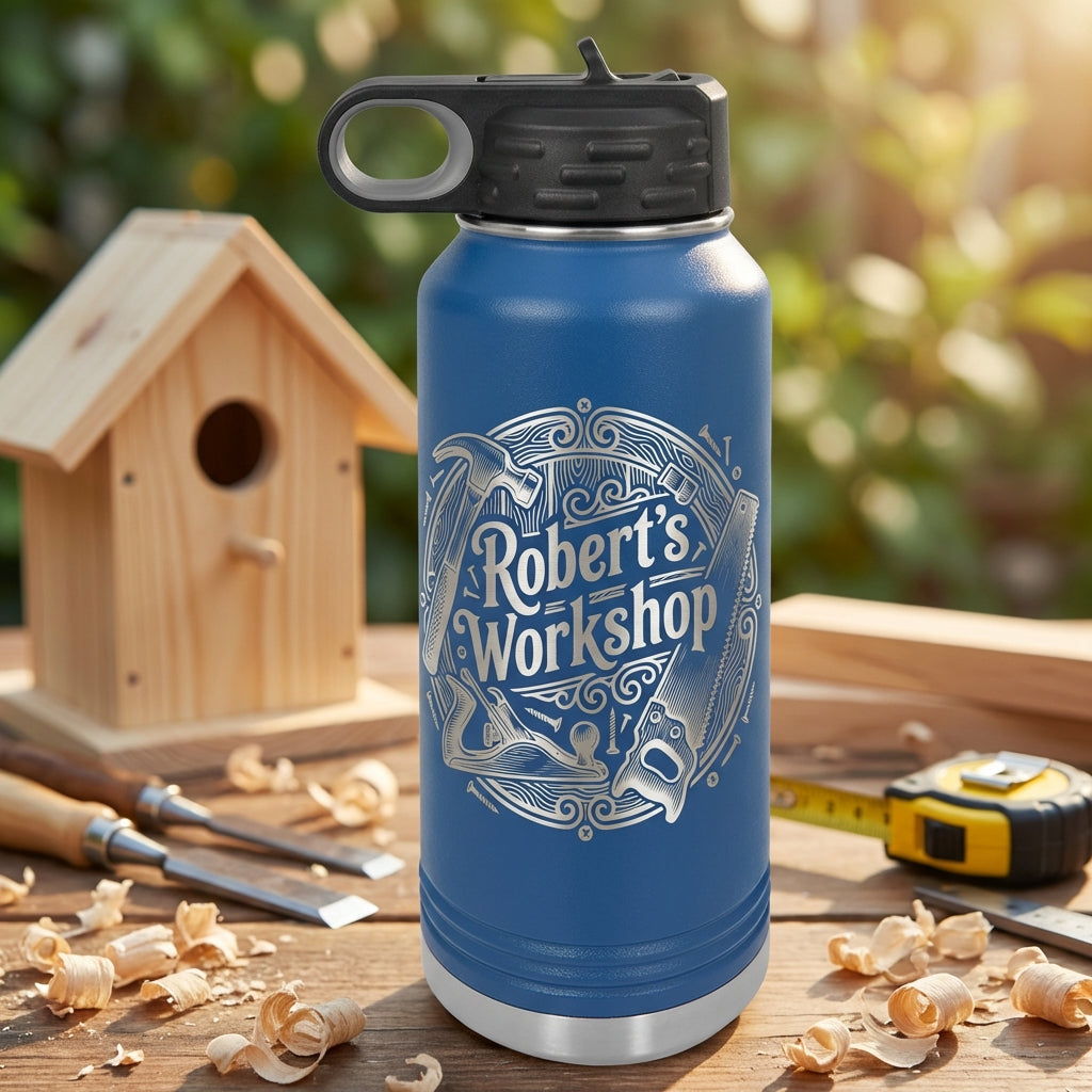 Personalized Woodworking Gift Water Bottle - Craftsman Engraved Tumbler - Handyman Dad Gift - Custom Workshop Name