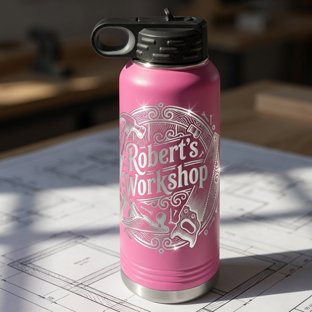 Personalized Woodworking Gift Water Bottle - Craftsman Engraved Tumbler - Handyman Dad Gift - Custom Workshop Name