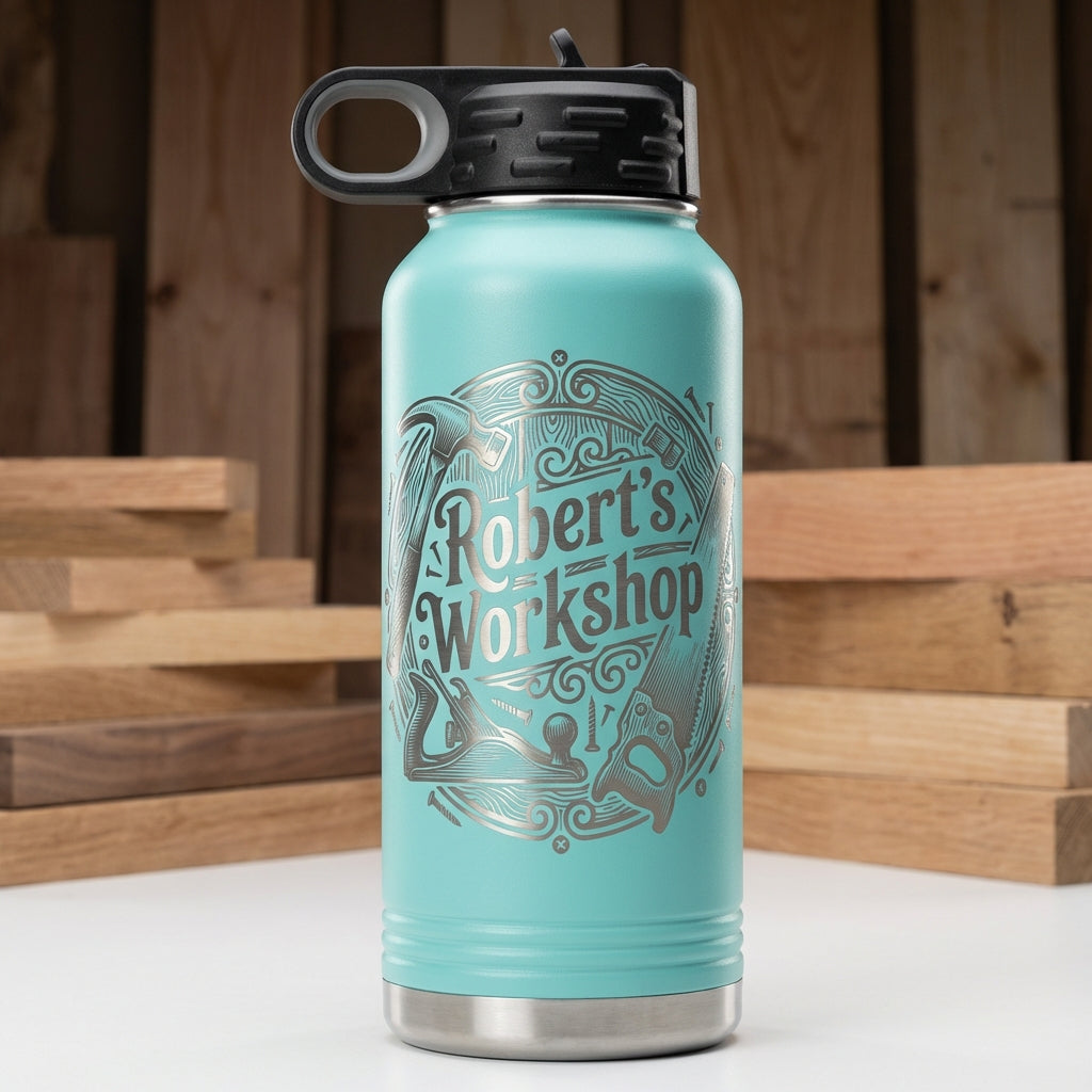 Personalized Woodworking Gift Water Bottle - Craftsman Engraved Tumbler - Handyman Dad Gift - Custom Workshop Name
