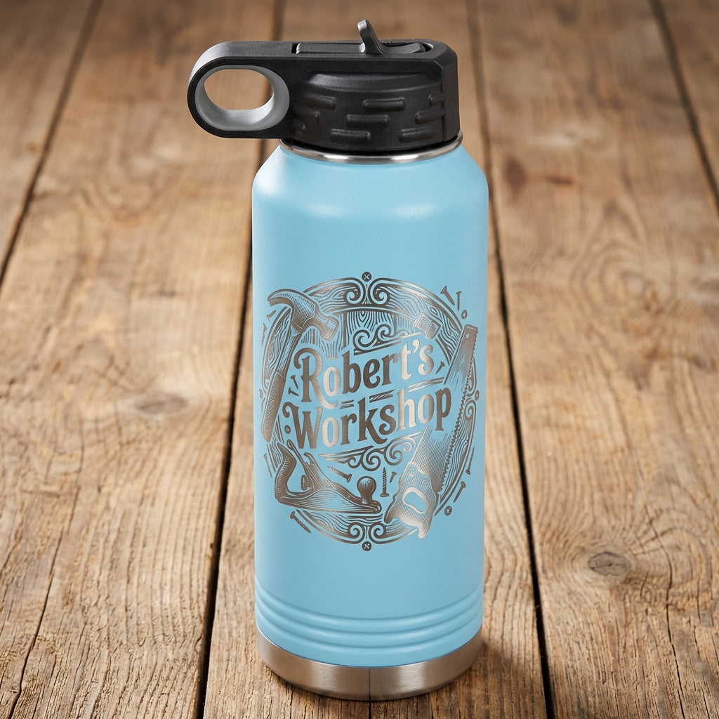 Personalized Woodworking Gift Water Bottle - Craftsman Engraved Tumbler - Handyman Dad Gift - Custom Workshop Name