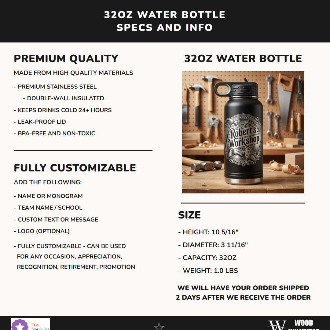 Personalized Woodworking Gift Water Bottle - Craftsman Engraved Tumbler - Handyman Dad Gift - Custom Workshop Name
