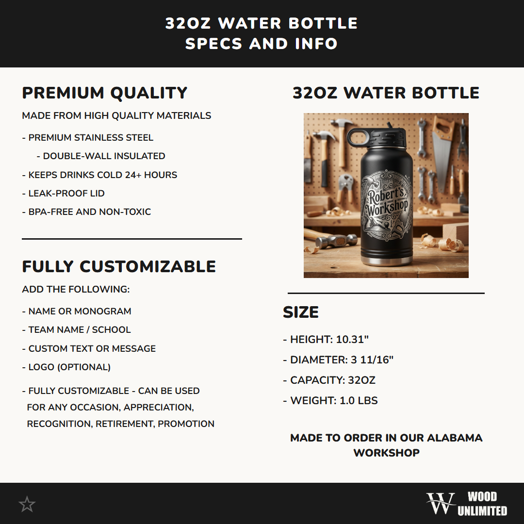 Personalized Woodworking Gift Water Bottle - Craftsman Engraved Tumbler - Handyman Dad Gift - Custom Workshop Name