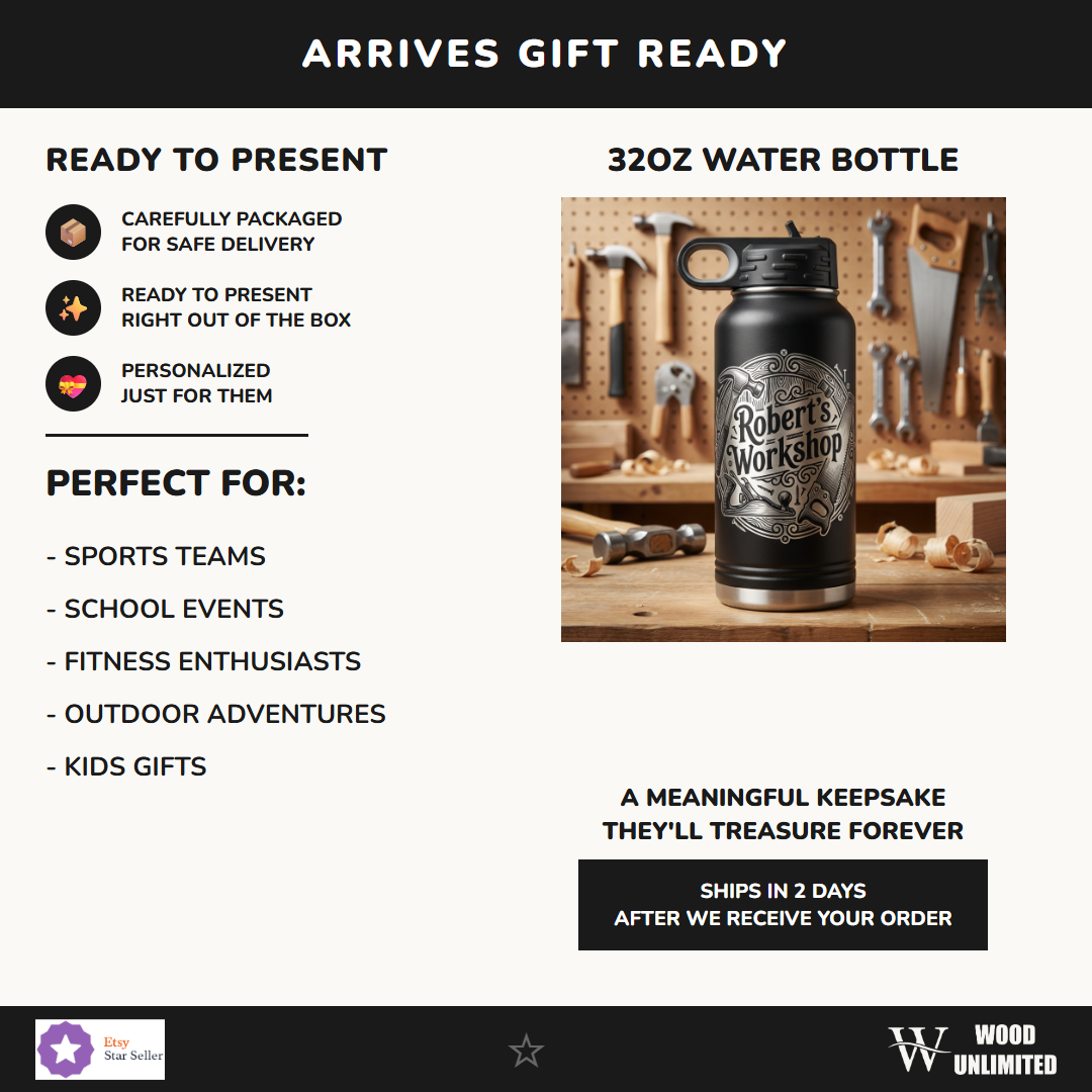 Personalized Woodworking Gift Water Bottle - Craftsman Engraved Tumbler - Handyman Dad Gift - Custom Workshop Name