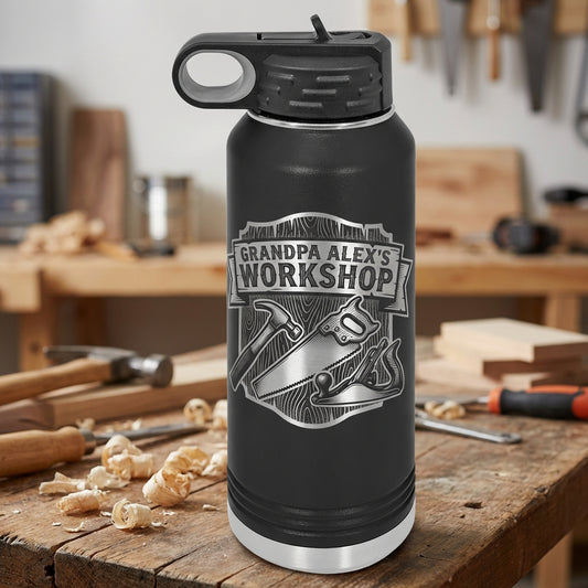 Personalized Woodworking Grandpa Gift Water Bottle - Custom Workshop Design - Laser Engraved Durable Bottle - Father's Day Gift - View 1