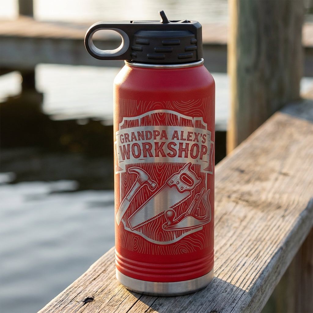Personalized Woodworking Grandpa Gift Water Bottle - Custom Workshop Design - Laser Engraved Durable Bottle - Father's Day Gift - View 2