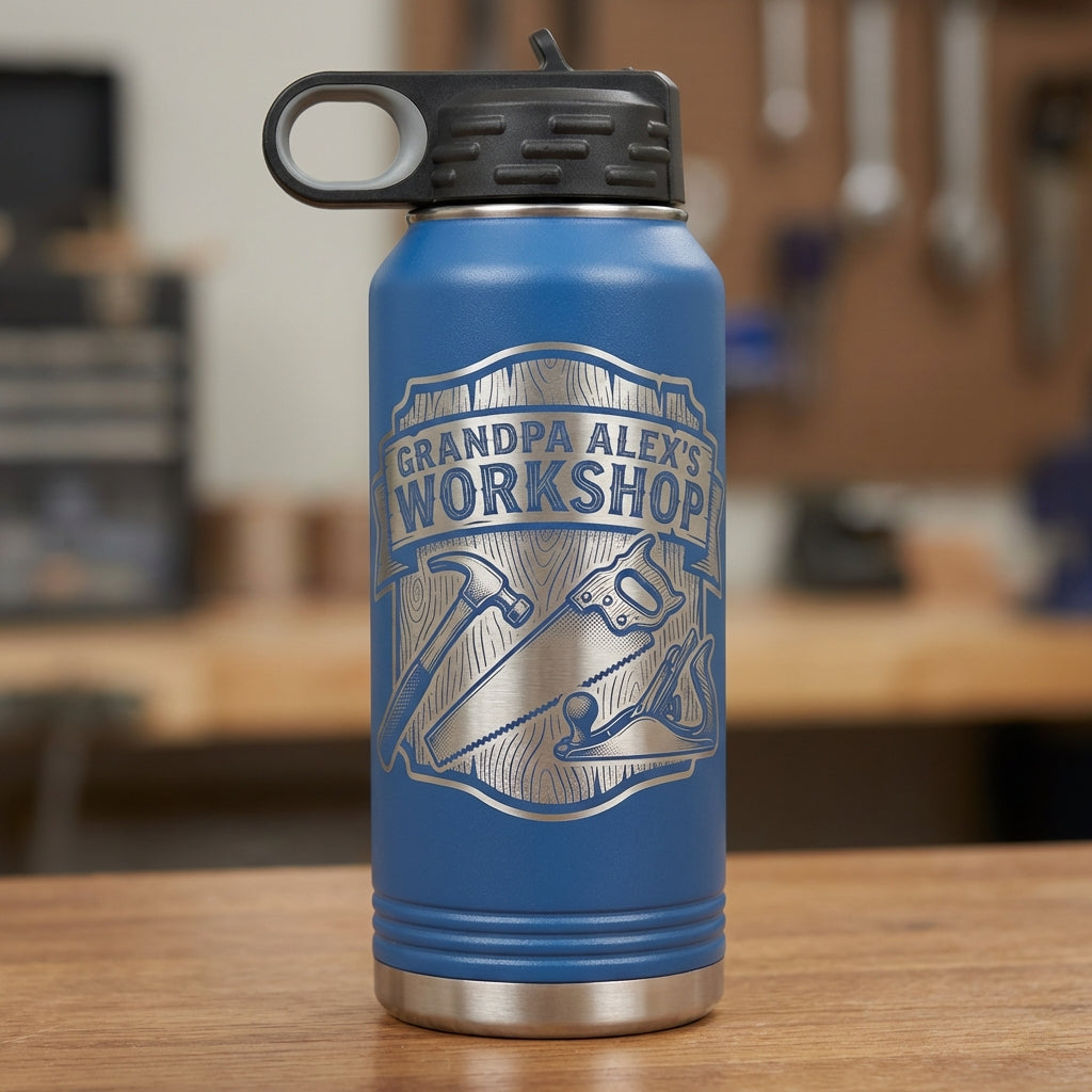 Personalized Woodworking Grandpa Gift Water Bottle - Custom Workshop Design - Laser Engraved Durable Bottle - Father's Day Gift - View 3