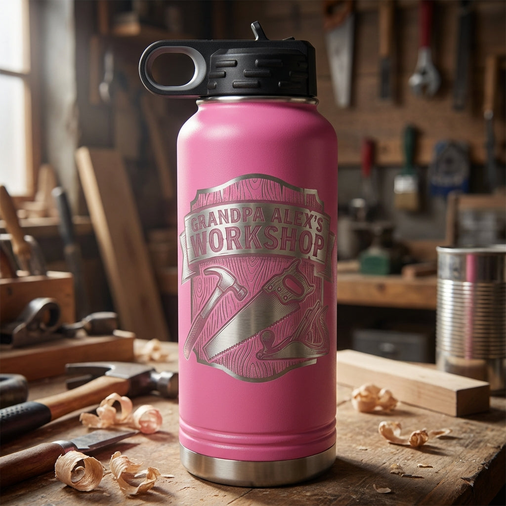Personalized Woodworking Grandpa Gift Water Bottle - Custom Workshop Design - Laser Engraved Durable Bottle - Father's Day Gift - View 4
