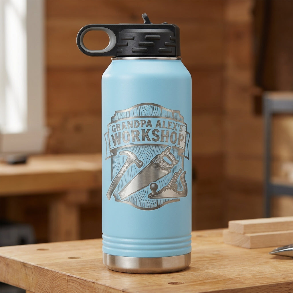 Personalized Woodworking Grandpa Gift Water Bottle - Custom Workshop Design - Laser Engraved Durable Bottle - Father's Day Gift - View 6