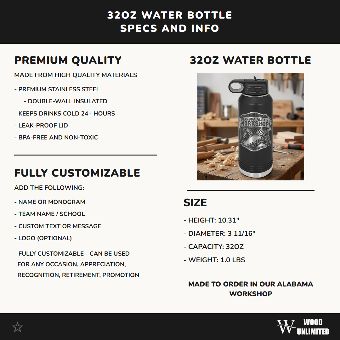 Personalized Woodworking Grandpa Gift Water Bottle - Custom Workshop Design - Laser Engraved Durable Bottle - Father's Day Gift