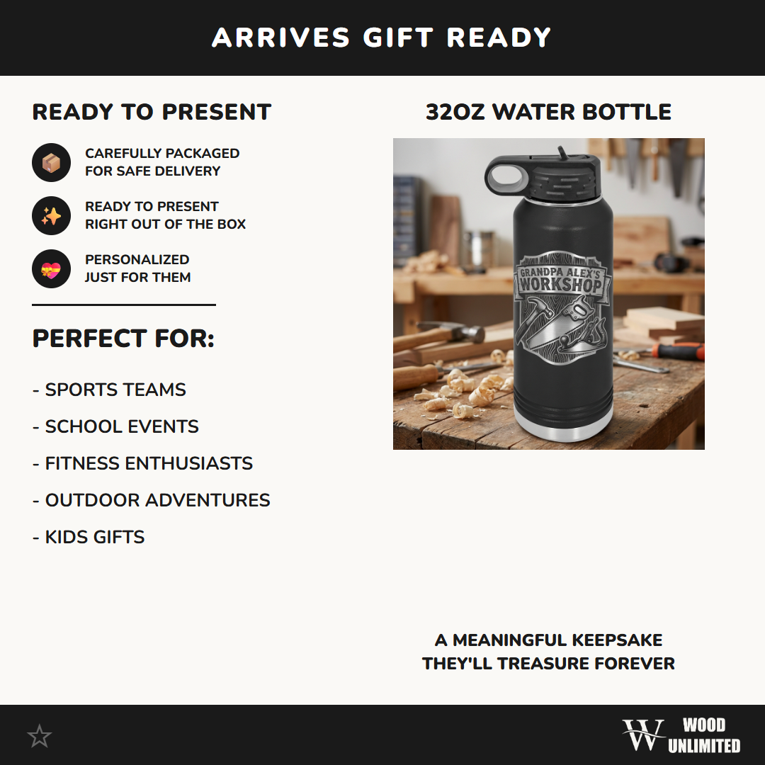 Personalized Woodworking Grandpa Gift Water Bottle - Custom Workshop Design - Laser Engraved Durable Bottle - Father's Day Gift