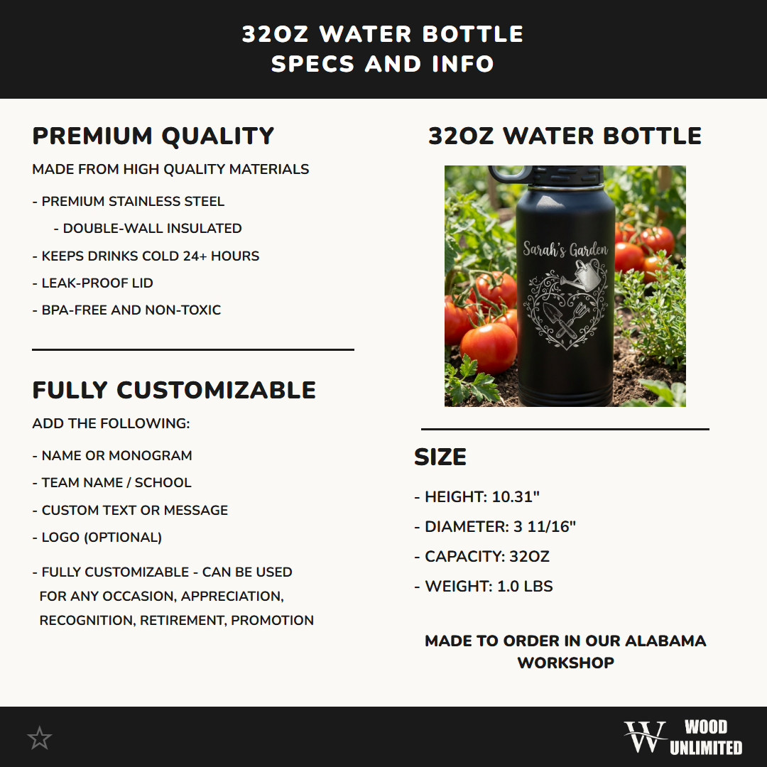 Personalized Gardener Water Bottle Gift, Custom Garden Lover Hydration Bottle, Laser Engraved, Unique Gardening Present