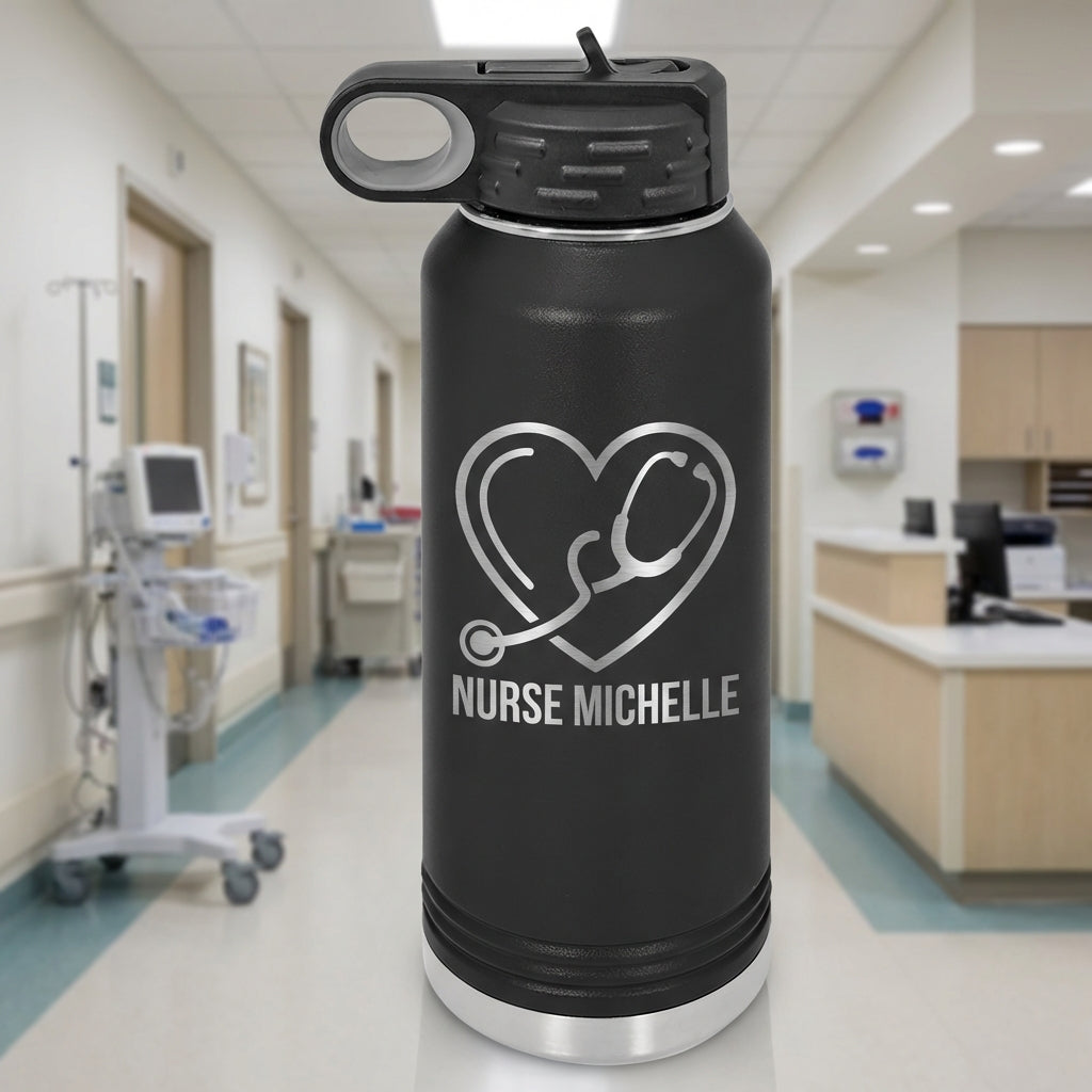 Personalized Nurse Water Bottle Gift - Nursing School Graduation Thank You - Custom Stethoscope Heart Laser Engraved 32oz - View 1