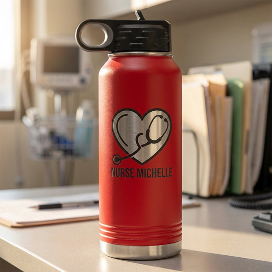 Personalized Nurse Water Bottle Gift - Nursing School Graduation Thank You - Custom Stethoscope Heart Laser Engraved 32oz - View 2