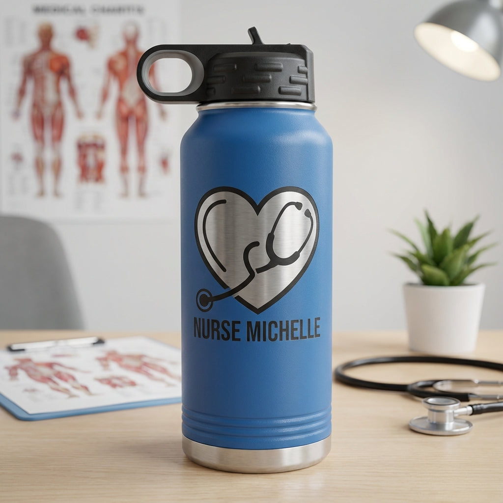 Personalized Nurse Water Bottle Gift - Nursing School Graduation Thank You - Custom Stethoscope Heart Laser Engraved 32oz - View 3