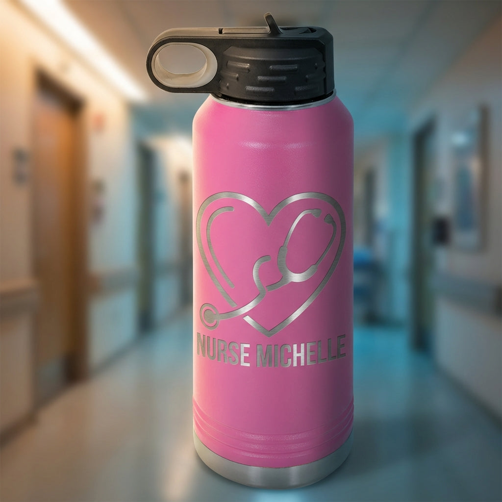 Personalized Nurse Water Bottle Gift - Nursing School Graduation Thank You - Custom Stethoscope Heart Laser Engraved 32oz - View 4